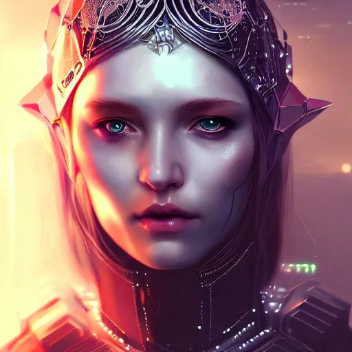 Image similar to cyberpunk robotic dark elvish queen, diadem on the head, extremely detailed, hyperrealistic, intricate, soft light, fantasy, digital painting, art station, perfect faces, fine details, by wlop