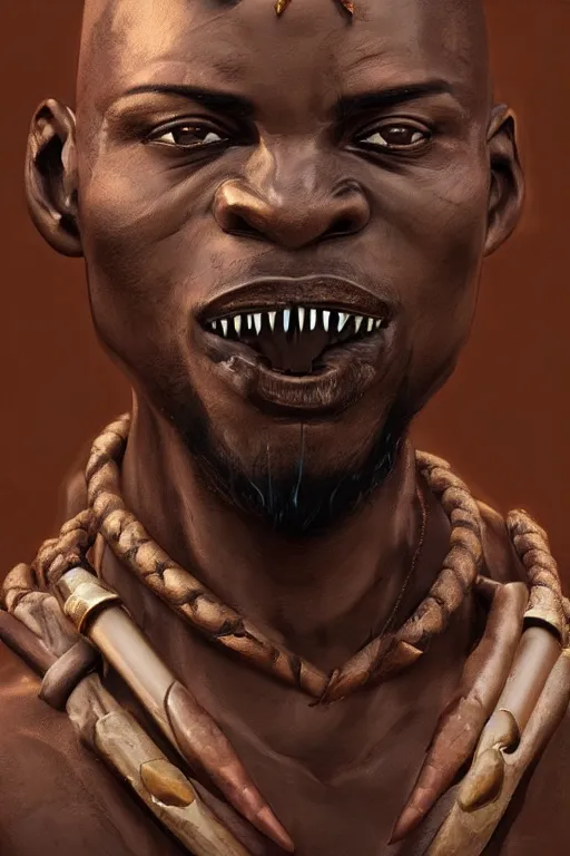 Prompt: Ogun and his knives, ancient orisha, African Warrior God of Craftsmen and Hunters, bronze-brown skin with masculine features - strong jaw line, bald head and menacing look, medium shot digital illustration trending on artstation by artgerm and raphaelite, face by wlop, detailed and concise