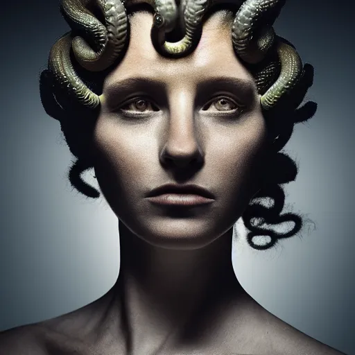 Prompt: portrait of medusa, dark, strobist light, photoreal, volumetric light, 8 5 mm lens, dramatic, epic, cenital light, sharp focus, by annie leibovitz