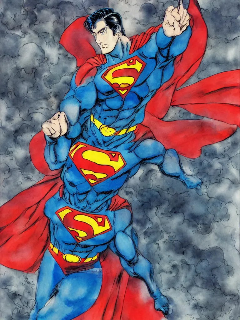 Image similar to a Superman as illustrated by Yoshitaka Amano. 1992. Watercolor and Acrylic on Paper