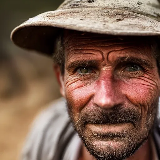 Image similar to close up face male portrait of a farmer who has just finished fighting a fire on his property