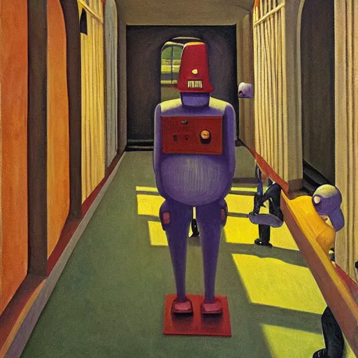 Prompt: drab workers wearing masks walking along cloisters, vault, rotunda, brutalist courtyard, watched by robots, dystopian, pj crook, edward hopper, oil on canvas