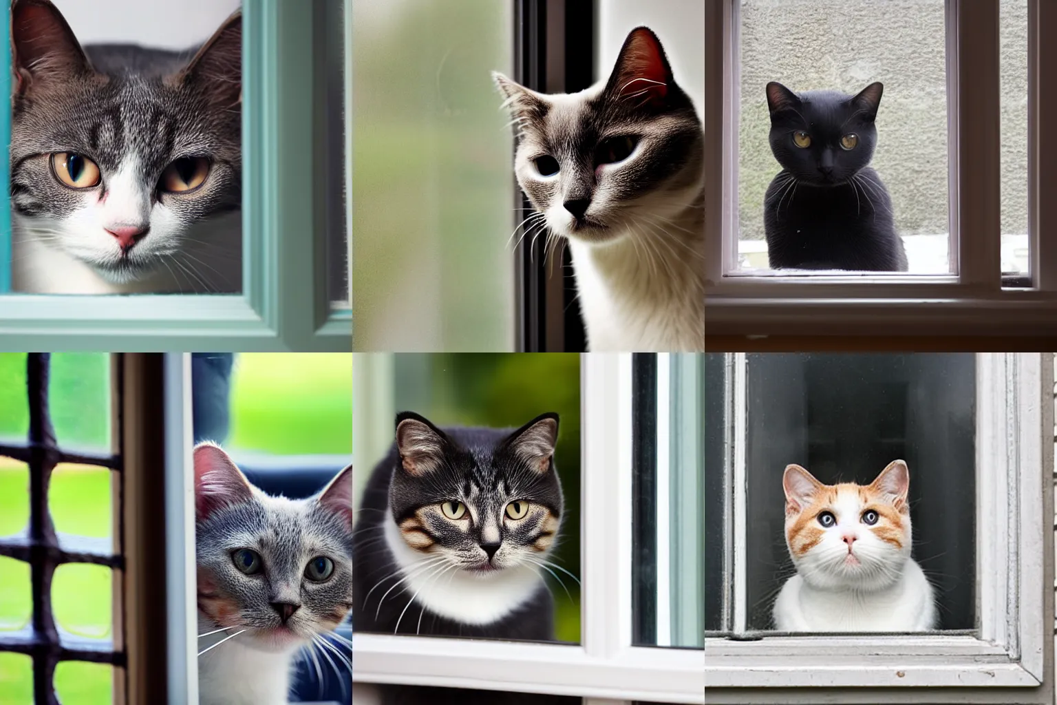 Prompt: British short hair cat looking through the window from the outside