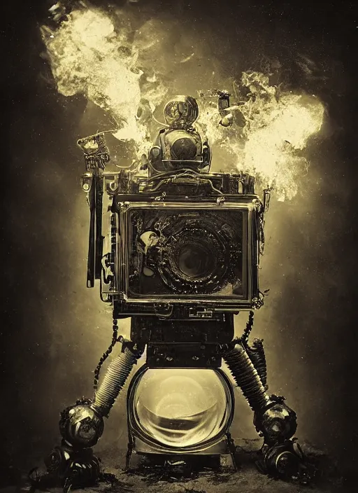 Image similar to old wetplate daguerreotype portrait of futuristic robot on fire, explosion of data fragments, fractal, intricate, elegant, highly detailed, parallax, leica, medium format, subsurface scattering, by jheronimus bosch and greg rutkowski and louis jacques mande daguerre
