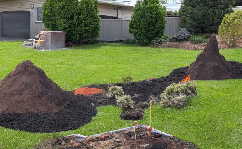 Image similar to suburban yard with miniature volcano erupting in the yard, ground level