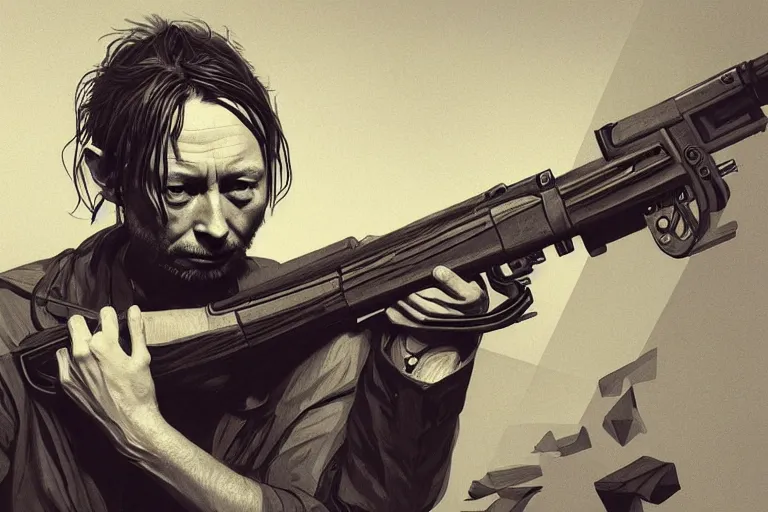 Image similar to photography of thom yorke with an ak 4 7, deep focus, d & d, intricate, elegant, highly detailed, digital painting, artstation, concept art, matte, sharp focus, illustration, hearthstone, art by artgerm and greg rutkowski and alphonse mucha