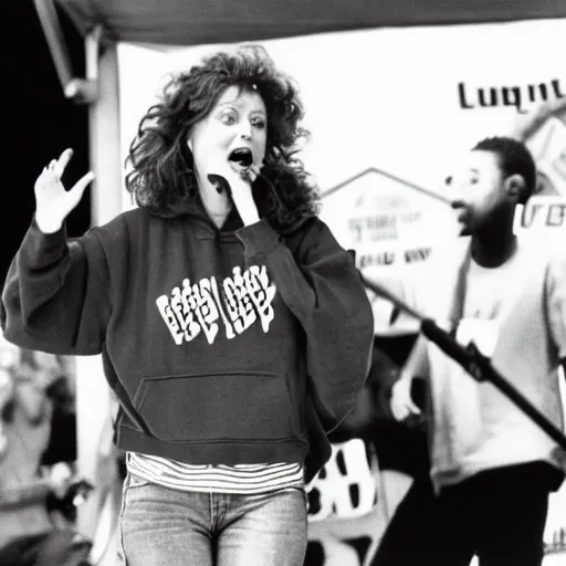 Prompt: 1 9 9 0 s video still of susan sarandon, wearing a hip hop hoodie, rapping on stage at a small outdoor concert, vhs artifacts