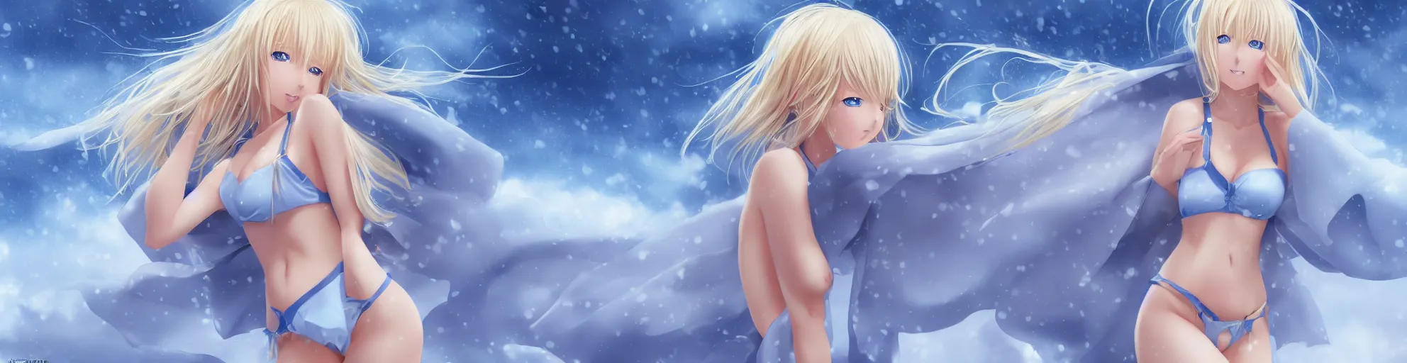 Image similar to full body shot : a very beautiful young blond anime girl on a snowstorm, sky blue eyes,, bikini, miniskirt, highly detailed, cinematic wallpaper by stanley artgerm lau