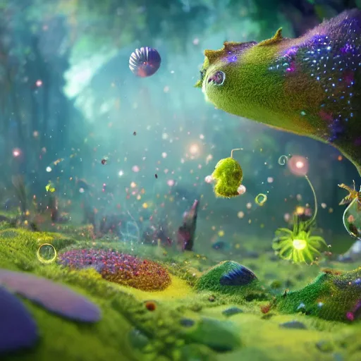 Image similar to tiny spells, vegetation, expressive eyes, floating, rbc, radiolaria, protophyta, micro - organisms, center frame, symmetric, rim light, marine microbiology, bioluminescence, electric, fur, soft, concept art, intricate details, highly detailed, colorful, photorealistic, disney pixar, octane render, iridescent, anime, 8 k