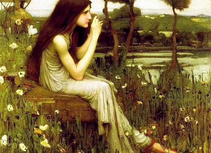 Image similar to a masterpiece painting by john william waterhouse