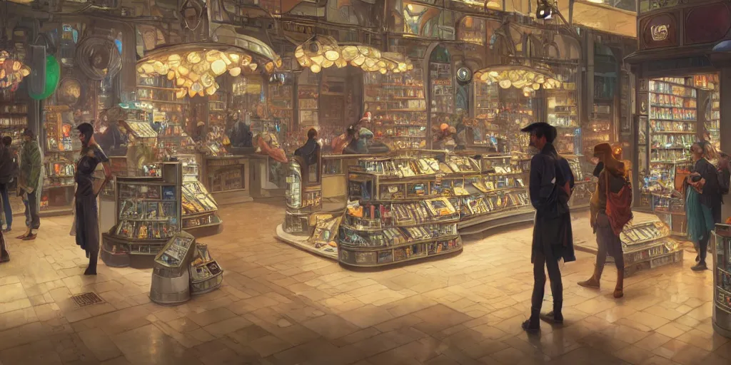 Image similar to modern coin shop with a lot of coins, 4 k, octane, digital painting, artstation, concept art, sharp focus, illustration, art by artgerm and greg rutkowski and alphonse mucha