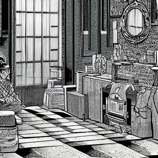 Image similar to an illustration of a brown basement by moebius