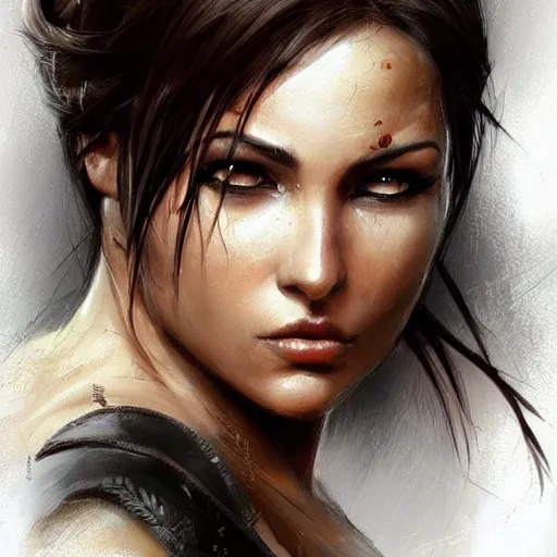 Prompt: portrait of a beautiful muscular lara croft with plump lips, elegant, fantasy, hd shot, digital portrait, beautiful, artstation, comic style, by artgerm, guy denning, jakub rozalski, magali villeneuve and charlie bowater