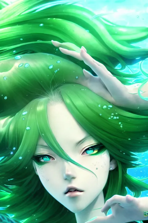 Image similar to beautiful green hair mermaid, anime style, epic underwater scenery wallpaper aesthetic, pastel colors, cinematic, dramatic, super detailed and intricate, hyper realistic, 4 k render, by artgerm, by kyoung hwan kim, by ralph mcquarrie, by yoshiyuki tomino