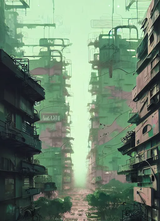 Image similar to highly detailed matte painting, of a dystopian calligraphy graffiti tag city with thick green overgrowth, by atey ghailan, by greg rutkowski, by greg tocchini, by james gilleard, by joe fenton, by kaethe butcher, pink, brown, light blue and white mystical color scheme, grunge aesthetic, octane render
