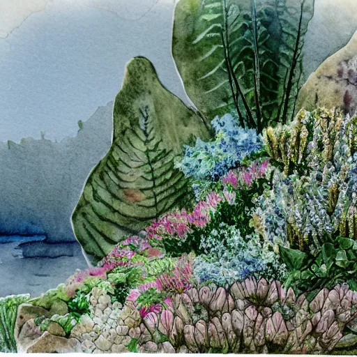 Image similar to delicate coastline mountain garden on paper, stony, puffy, botanical herbarium, botanic watercolors, iridescent, 8 k wide angle, realistic shaded, fine details, artstation, italian, colonnade, oak tree, pinecone, pomegranade, hydrangea, vines, gardena architecture, pompeian, sicilian