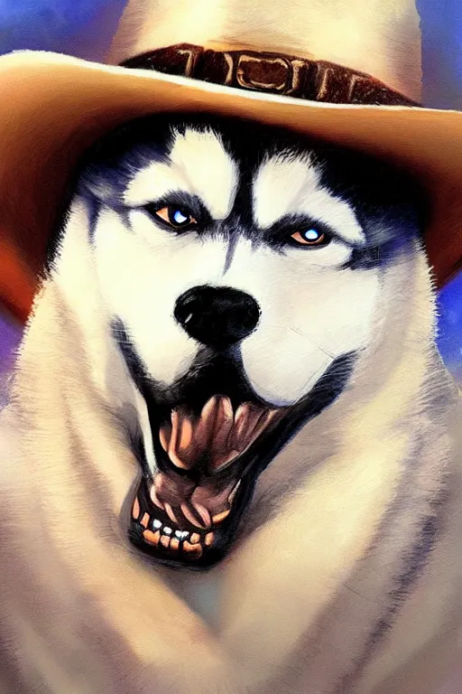 Image similar to a portrait painting of a husky in cowboy costume, wearing a cowboy hat, in the style of anime, [ western film ], humanoid, personify, anthropomorphic, trending on artstation