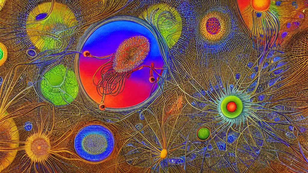 Prompt: quantum connections represented as symbiotic organisms like cells playing around with colorful lights by ernst haeckel, connectivity, sharp, futuristic, magnetic