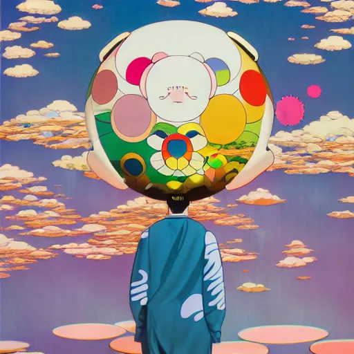 Image similar to a man walking on clouds away from the camera above kyoto by takashi murakami, beeple and james jean, aya takano color style, 4 k, super detailed, modern, 4 k, symmetrical