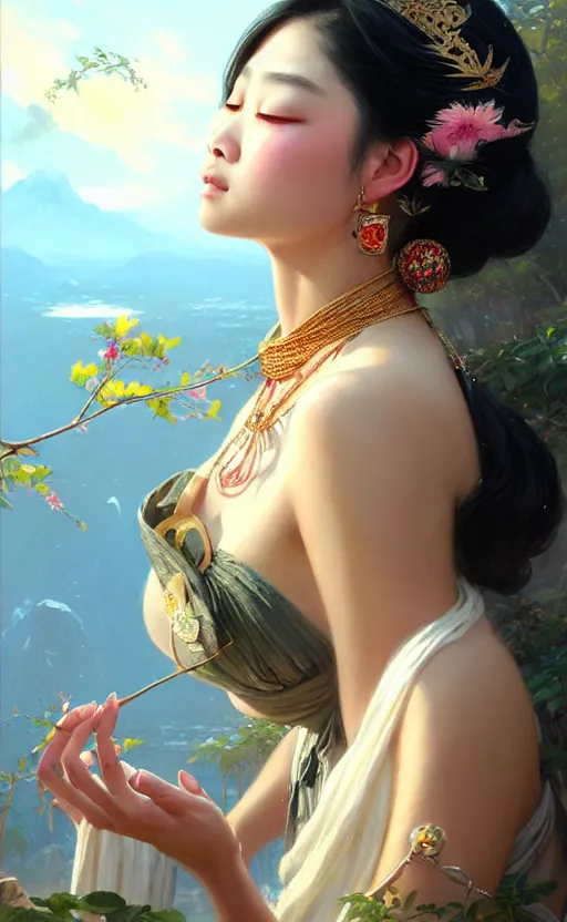 Prompt: a beautiful taiwan goddess with sundress with jewelry | | winter, realistic shaded, unpleasant face, good looking, fine details, realistic shaded lighting poster by greg rutkowski, magali villeneuve, artgerm, jeremy lipkin and michael garmash and macoto takahashi