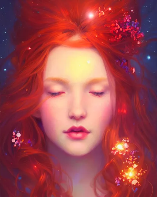 Prompt: red-haired spring goddess portrait, radiant light, flowers and glitter, by wlop and artgerm, alena aenami, peter mohrbacher