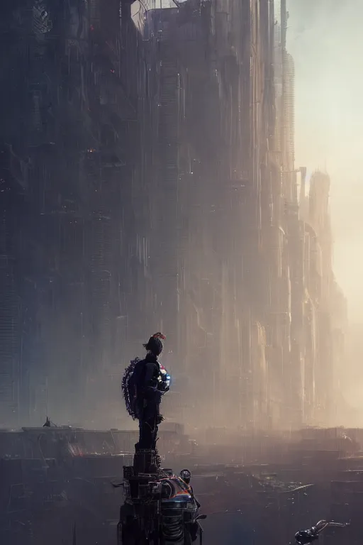 Image similar to a portrait of a small cyborg standing in the foreground of a mechanical city by Greg Rutkowski, Sung Choi, Mitchell Mohrhauser, Maciej Kuciara, Johnson Ting, Maxim Verehin, Peter Konig, final fantasy , mythical, 8k photorealistic, cinematic lighting, HD, high details, atmospheric,