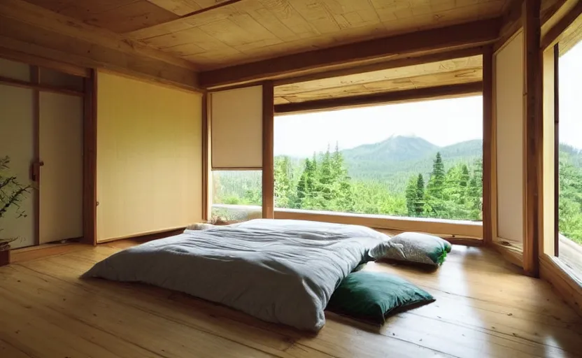 Image similar to bedroom in japanese style, rustic wood, bright, one large window in the back with a view of a forest, green walls, zen, feng shui, minimalistic, retro design, swedish design