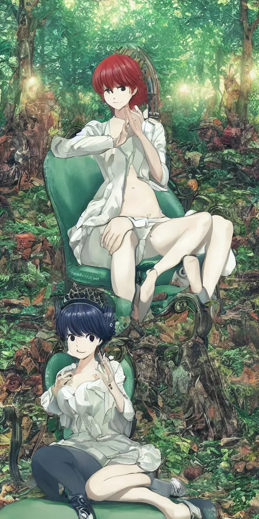 Prompt: a queen of love sitting of a sofa in a forest, drawn by CloverWorks,