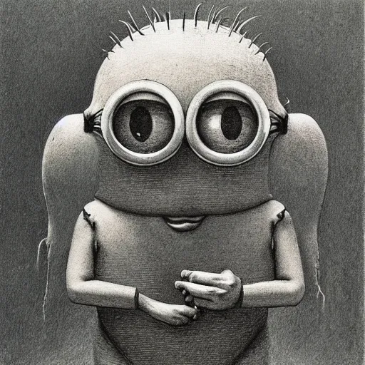 Image similar to a minion drawn by Beksinski