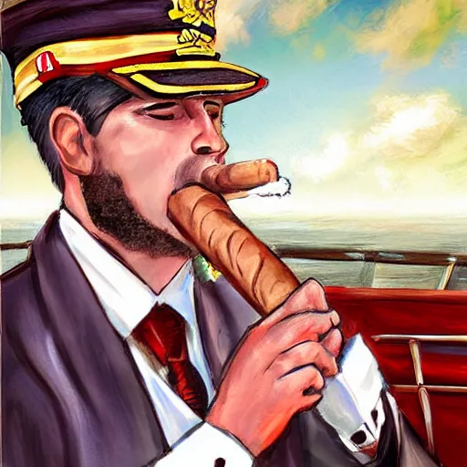 Image similar to a groom smoking a cigar on a large boat. wedding. digital art. highly detailed.