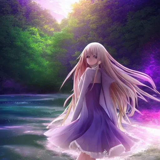 Image similar to advanced digital anime art, WLOP , a gorgeous high school girl with long gold and silver hair wearing a violet dress and bare feet walking through a crystal clear river, DOF, Gaussian Blur,