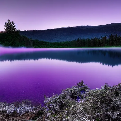Image similar to Stunning 4K photograph of a lake covered in purple mist. All the stars in the night sky are completely black. The stars are black.