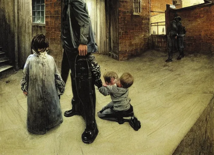 Image similar to dark alley with a poor child being arrested by a futuristic cop with children all around him, painting by andrew wyeth and alan lee, very detailed, somber mood,