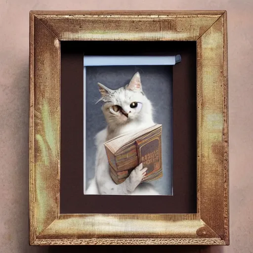 Prompt: art frame containing a book with a cat on the cover