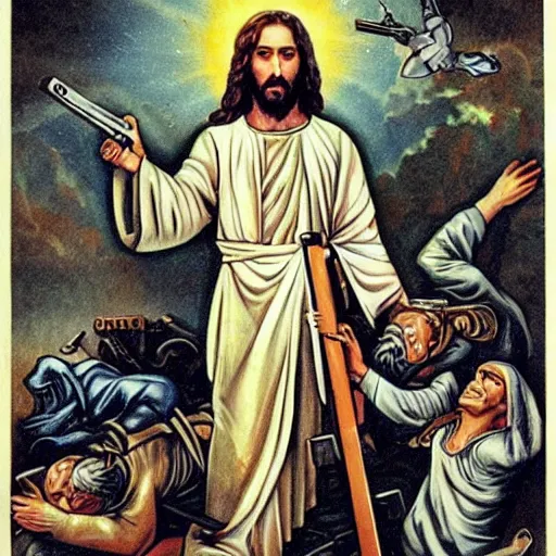 Prompt: jesus with guns killing demons