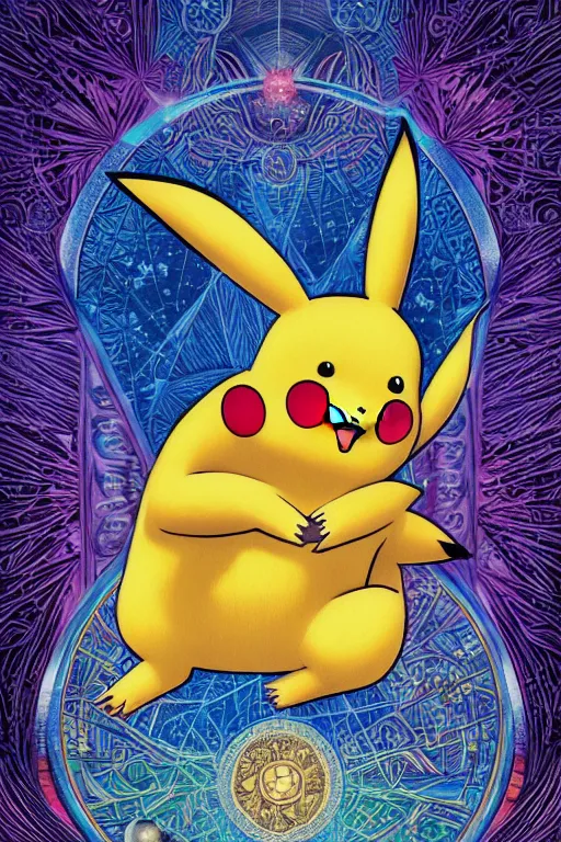 Prompt: beautiful tarot card of pikachu by dan mumford and carol bak and alex grey, oil on canvas, intricate, symmetrical, portrait, 8k highly professionally detailed, HDR, CGsociety