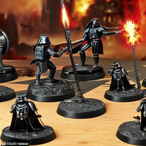 Image similar to Darth Vader collects miniature battles of Warhammer 40,000 space marine figurines on his desktop at a table with a bright lamp, realism, depth of field, focus on Darth Vader,
