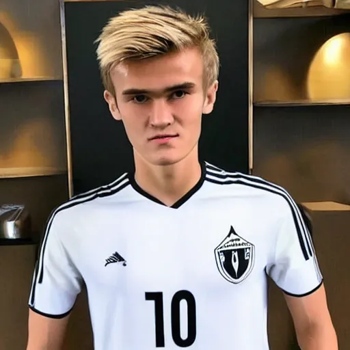 Image similar to a realistic detailed photo of a guy who is an attractive humanoid who is half robot and half humanoid, who is a male android, soccer player martin ødegaard, shiny skin, posing like a statue, blank stare, in a living room, on display, showing off his muscles