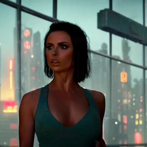 Prompt: 8 k hyper realistic close range night shot of blade runner 2 0 4 7 with adriana chechik with natural hair, sweaty, realistic skin with imperfections, very small lips, blue summer dress. long blonde hair flowing in the wind. urban landscape in the background with strong sun. lenses 5 0 mm