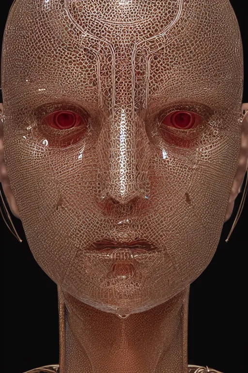 Image similar to a melancholic realistic 8k Sculpture of a complex robotic human face, liquid simulation, dramatic lighting, silver gold red details, hexagonal mesh wire, filigree intricate details, cinematic, fleshy musculature, white blossoms, elegant, octane render, 8k post-processing, by Caravaggio, Greg rutkowski, Sachin Teng, Thomas Kindkade, Alphonse Mucha, Norman Rockwell, Tom Bagshaw