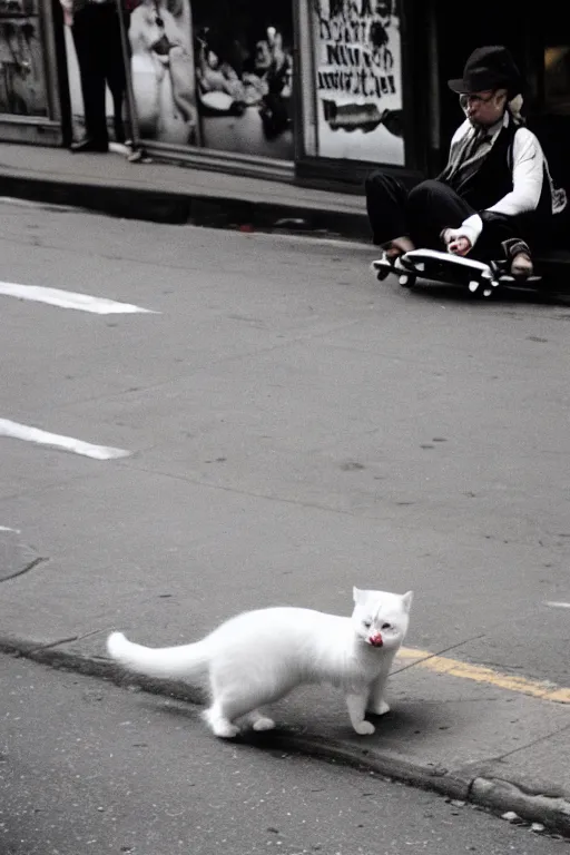 Prompt: leica s photograph, kodachrome film, subject is a white furry cat riding on a skateboard that is rolling down broadway in nyc, bruce gilden, detailed