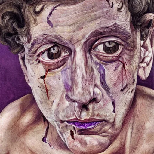 Image similar to high quality high detail painting by lucian freud, hd, purple scars