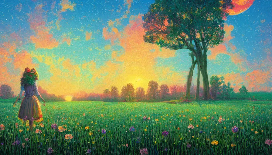 Image similar to girl with a flower face, surreal, dream, standing in flower field, hills, big trees, sunrise dramatic light, impressionist painting, colorful clouds, digital painting, pointillism, artstation, simon stalenhag