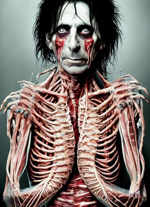 Image similar to portrait of alice cooper with translucent skin, visible muscles and veins and arteries and bones and spines and nerves, beautiful detailed intricate insanely detailed octane render, 8 k artistic photography, photorealistic, chiaroscuro, by david cronenberg, raphael, caravaggio