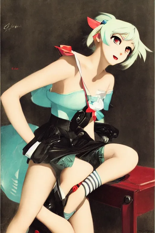 Prompt: hatsune Miku by Gil Elvgren and Enoch Bolle