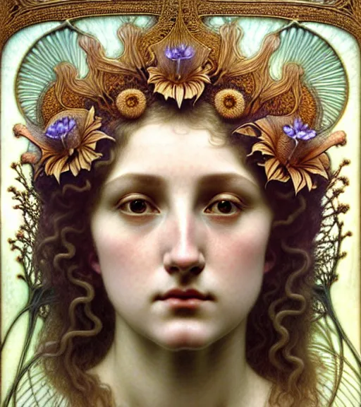 Image similar to beautiful young flower queen detailed realistic porcelain face portrait by jean delville, gustave dore, iris van herpen and alphonse mucha, art forms of nature by ernst haeckel, art nouveau, symbolist, visionary, gothic, neo - gothic, pre - raphaelite, fractal lace, intricate alien botanicals, surreality, hyperdetailed ultrasharp octane render