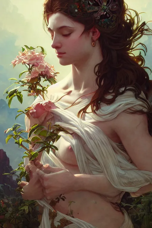 Image similar to goddess of nature, accurate anatomy, only two hands, highly detailed, digital painting, artstation, concept art, smooth, sharp focus, illustration, Unreal Engine 5, 8K, art by Ross Tran and greg rutkowski and alphonse Mucha