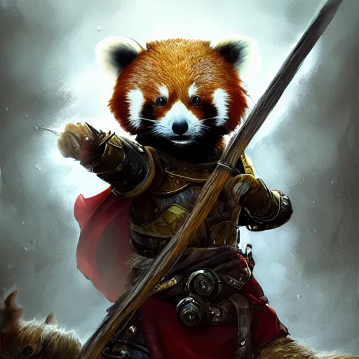 Image similar to Anthropomorphized red panda in battle armour, D&D, fantasy, cinematic lighting, highly detailed, digital painting, artstation, concept art, smooth, sharp focus, illustration, warm light, cozy warm tint, magic the gathering artwork, volumetric lighting, 8k, no gold, no gold colours, art by Akihiko Yoshida, Greg Rutkowski