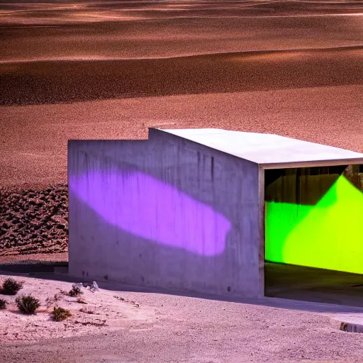 Image similar to concrete structure with neon lights in the middle of a desert, minimalistic architecture, at night, dark, surreal, open space, light art, james turrel,