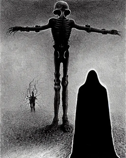Prompt: full-body creepy realistic illustration central composition, a decapitated soldier with futuristic elements. he welcomes you into the fog with no head, dark dimension, empty helmet inside is occult mystical symbolism headless full-length view. standing in ancient gate eldritch energies disturbing frightening eerie, award-winning digital artwork by Salvador Dali, Beksiński, Van Gogh and Monet.